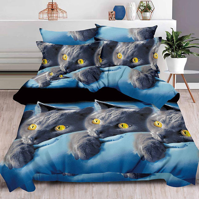 Комплект 3D спално бельо от 6 части - син цвят с черни котки 