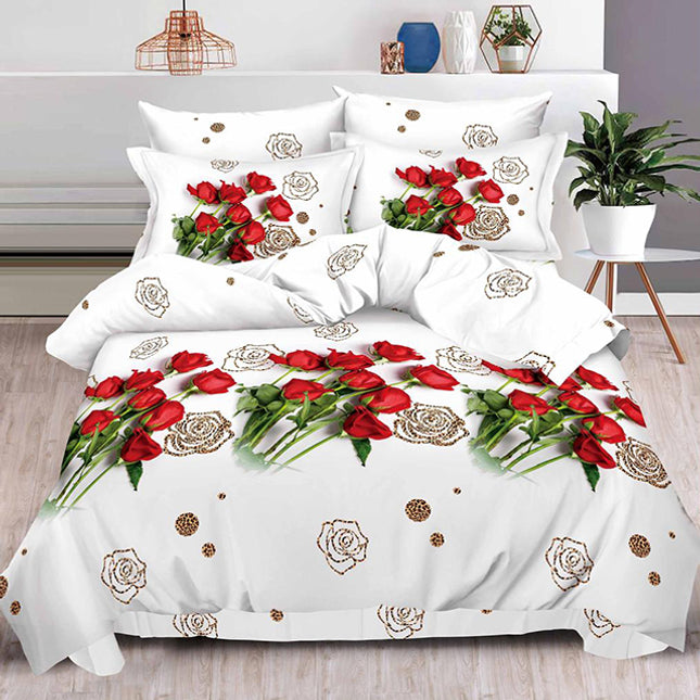 Комплект 3D спално бельо от 6 части - бял цвят с червени рози 