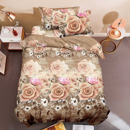 Комплект единично 3D спално бельо - бежов цвят с кремави цветя