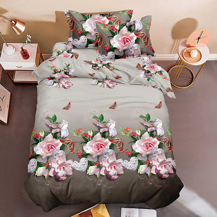 Комплект единично 3D спално бельо - сив цвят с рози и пеперуди