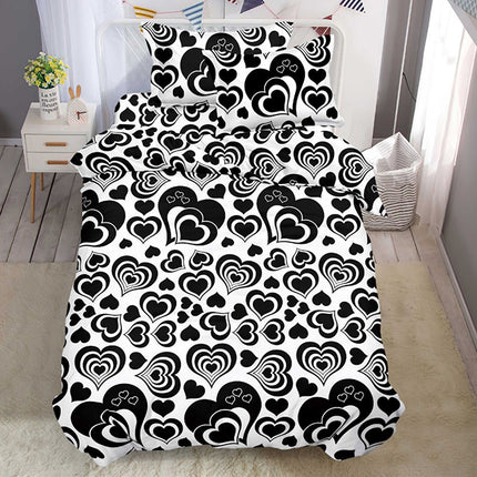 Комплект единично 3D спално бельо - черно и бяло със сърца