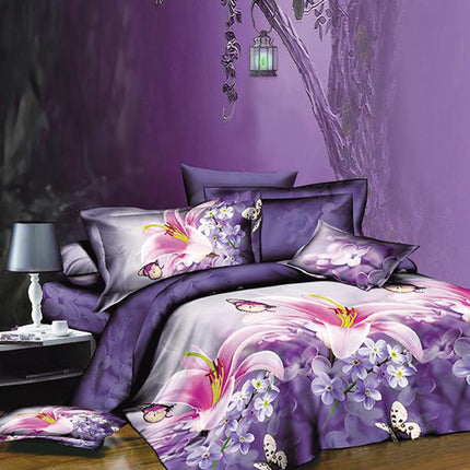 Комплект единично 3D спално бельо - лилав цвят с цветя