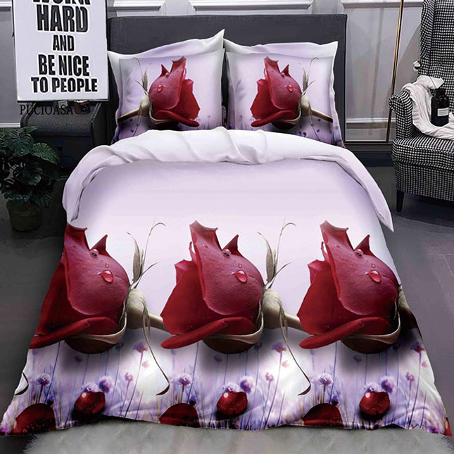 Комплект 3D спално бельо с ластик - светлолилав цвят с рози