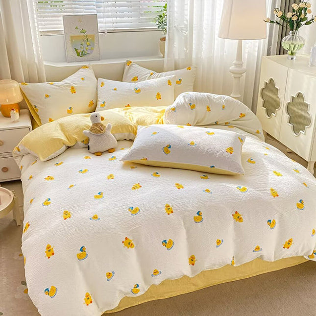 Спално бельо за приста с ластик - бяло и жълто с патенца