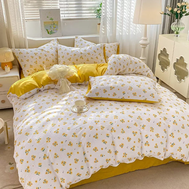 Спално бельо за приста с ластик - бяло и жълто със слънчогледи