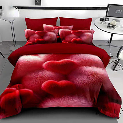 5D Спално бельо с ластик - червено със сърца