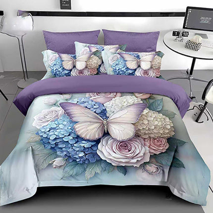 5D Спално бельо с ластик - светлолилаво с пеперуда и цветя