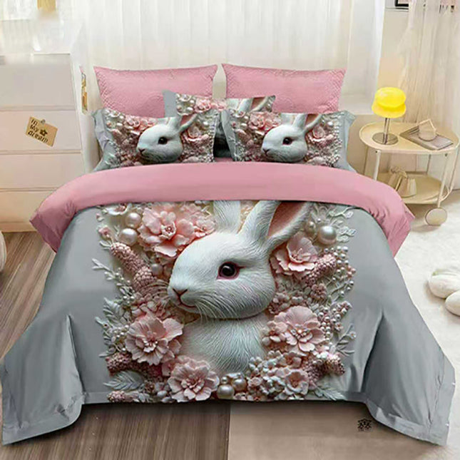 5D Спално бельо с ластик - бяло и розово със зайче и цветя