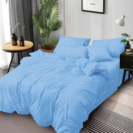 Едноцветно спално бельо от 6 части - светлосиньо с райе