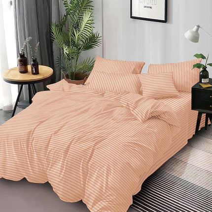 Едноцветно спално бельо от 6 части - цвят праскова с райе