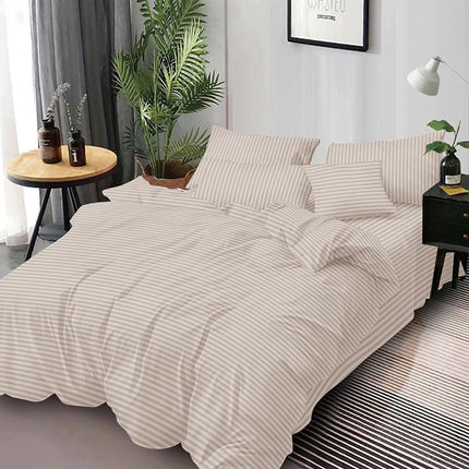 Едноцветно спално бельо от 6 части - цвят слонова кост с райе