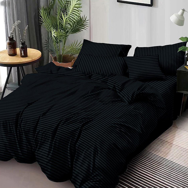 Едноцветно спално бельо от 6 части - черно с райе