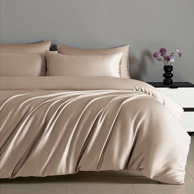 Луксозно спално бельо с ластик от памучен сатен - бежово