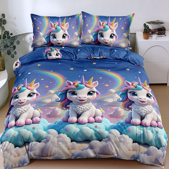 Спално бельо с ластик от 100% памук – синьо с еднорози 