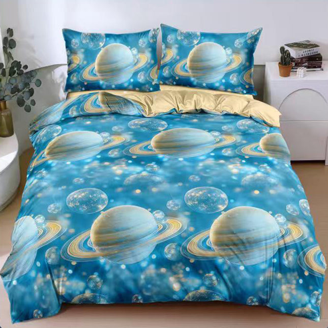 Спално бельо с ластик от 100% памук – светлосиньо с планети 