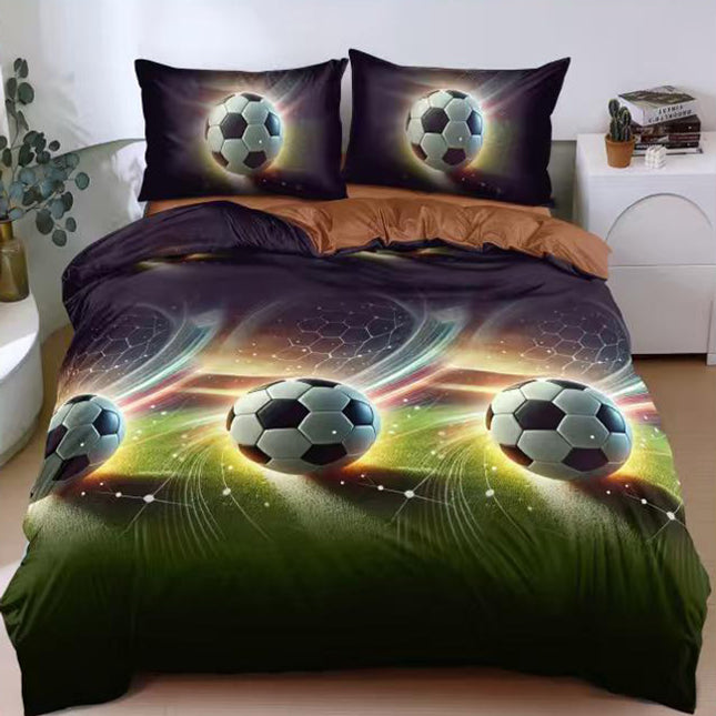Спално бельо с ластик от 100% памук – зелено, сиво и кафяво с футболни топки 