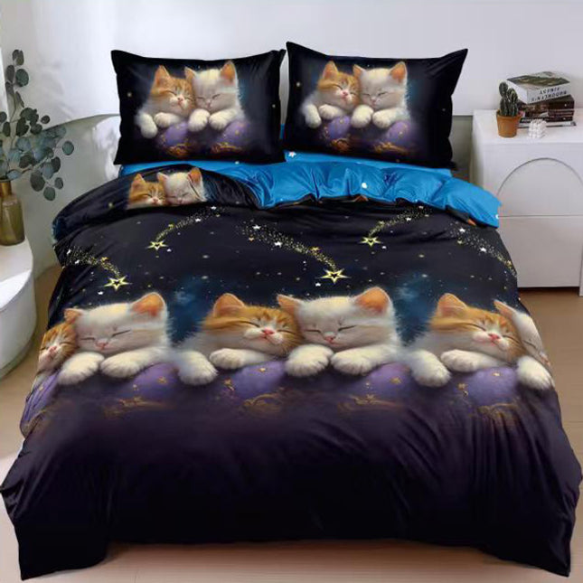 Спално бельо с ластик от 100% памук – синьо с котенца 