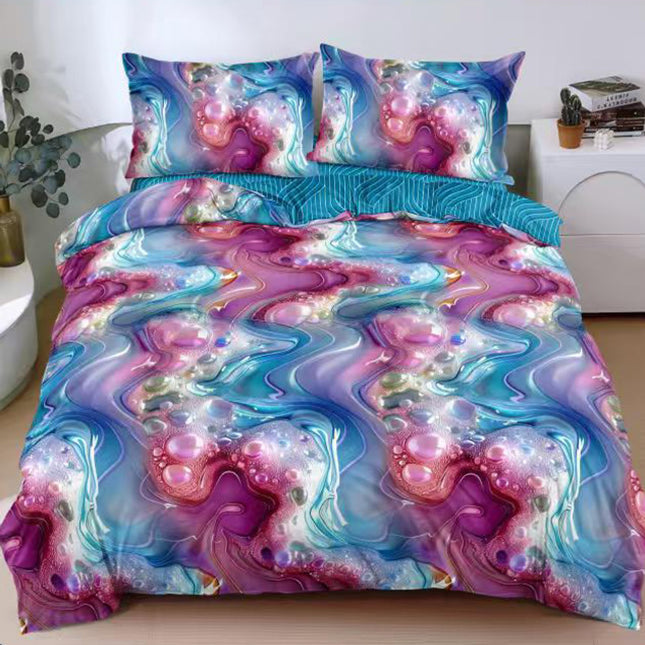 Спално бельо с ластик от 100% памук – розово и синьо с мраморен ефект