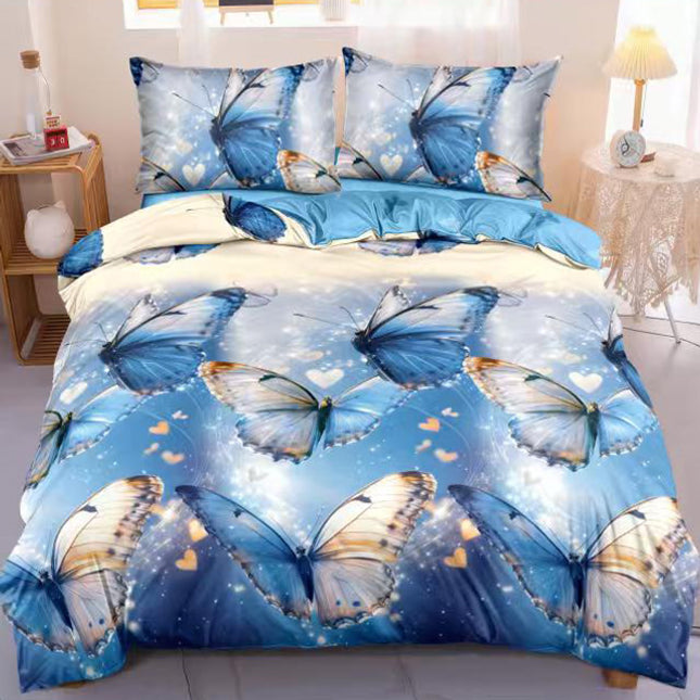 Спално бельо с ластик от 100% памук – синьо с пеперуди 