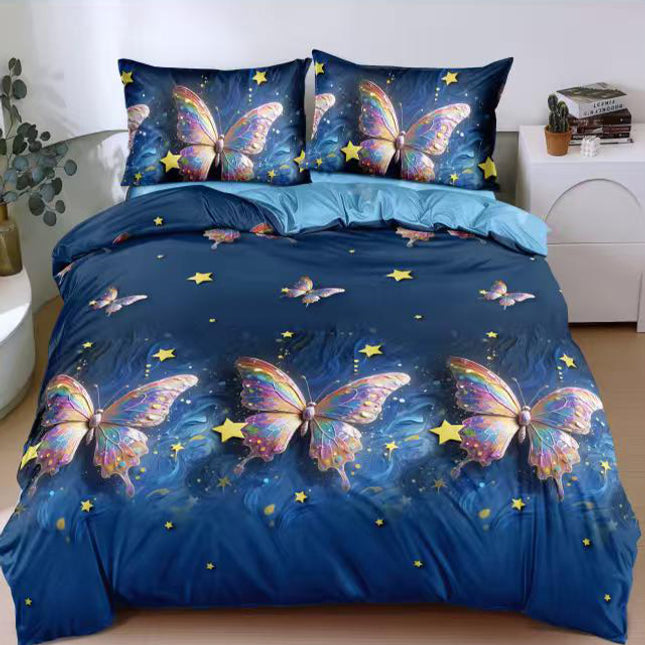 Спално бельо с ластик от 100% памук – синьо с пеперуди и звезди 