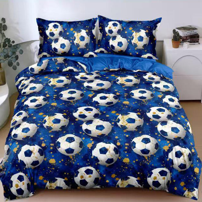 Спално бельо с ластик от 100% памук – синьо с футболни топки 