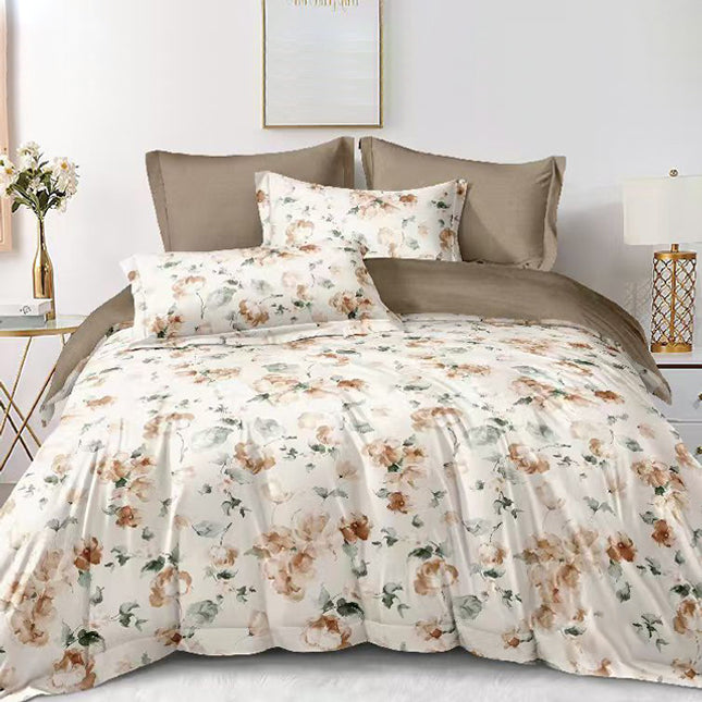 Спално бельо 7 части от памучен сатен - бяло и кафяво с цветя 