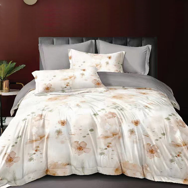 Спално бельо 7 части от памучен сатен - бяло и сиво с цветя