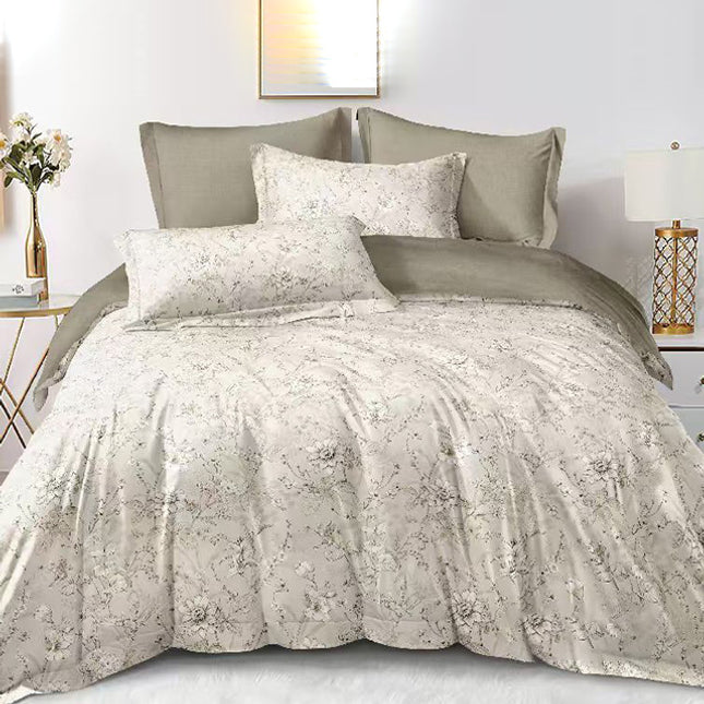 Спално бельо 7 части от памучен сатен - бежово с флорален мотив