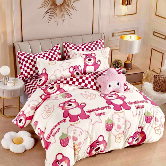 Единично спално бельо от 100% памук – бяло и розово с мечета и ягоди - F1-88