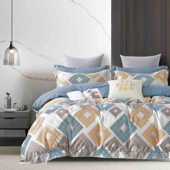 Единично спално бельо от 100% памук – бяло с оранжеви и сини орнаменти - F1-99