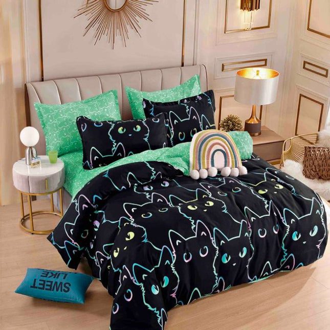Единично спално бельо от 100% памук – черно и зелено с котки - F1-89