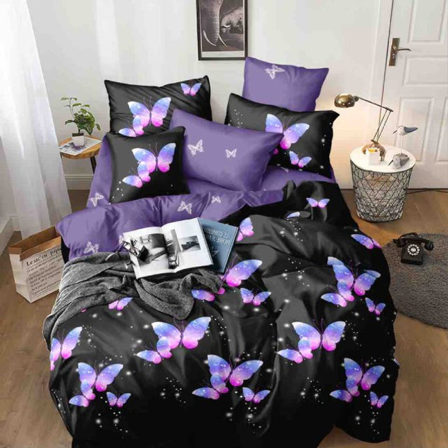 Единично спално бельо от 100% памук – черно с лилави пеперуди - F1-201