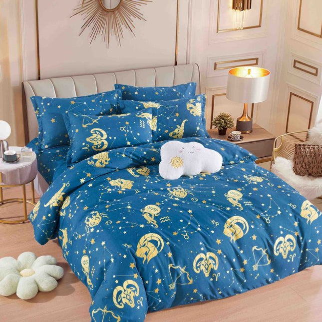 Единично спално бельо от 100% памук – синьо със златни зодии - F1-90