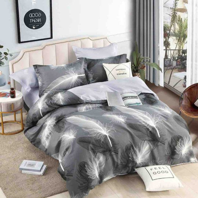 Единично спално бельо от 100% памук – тъмносиво с пера - F1-96