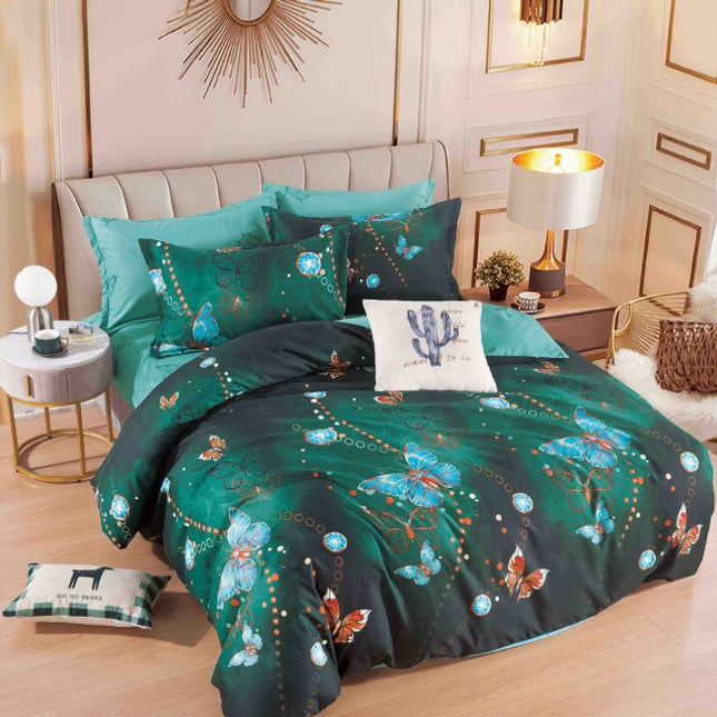 Единично спално бельо от 100% памук – тъмнозелено с пеперуди - F1-97