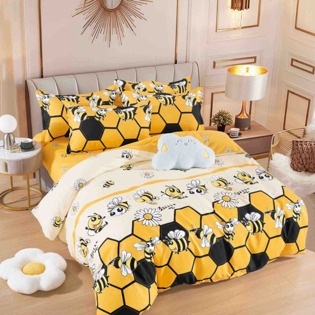 Единично спално бельо от 100% памук – жълто и черно с пчелички - F1-93