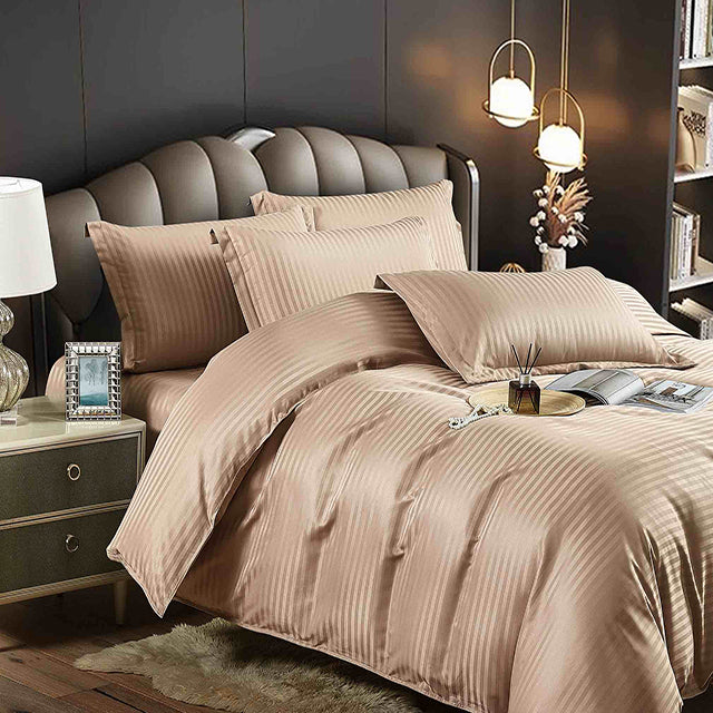 Едноцветно спално бельо - бежово с райе - F2-07