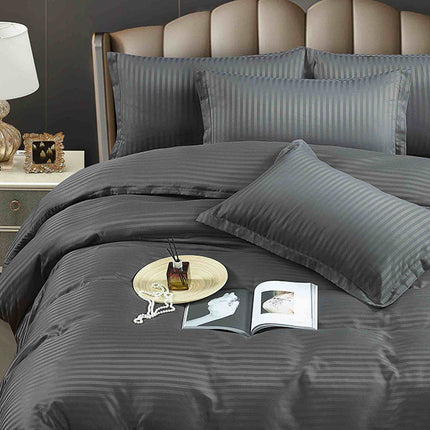 Едноцветно спално бельо - цвят графит с райе - F2-08