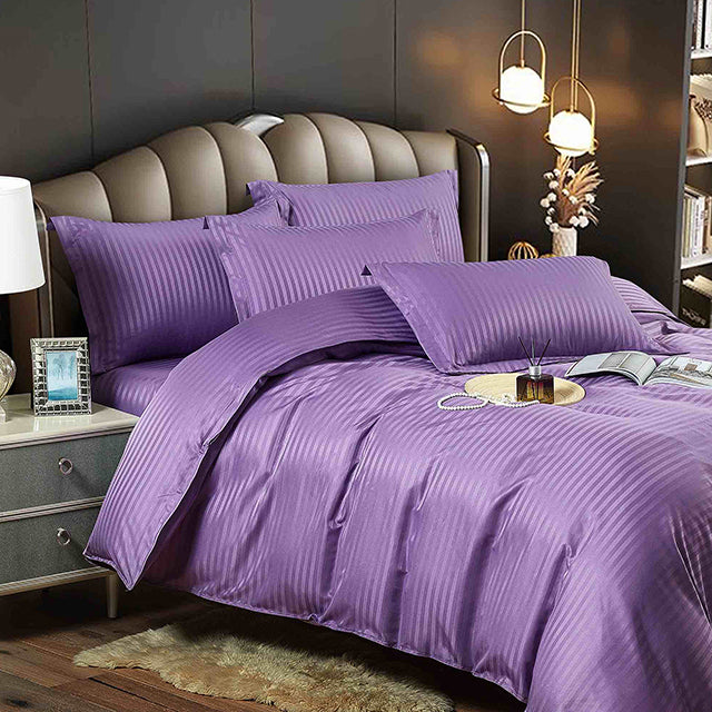 Едноцветно спално бельо - лилаво с райе - F2-09