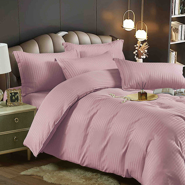 Едноцветно спално бельо - розово с райе - F2-13