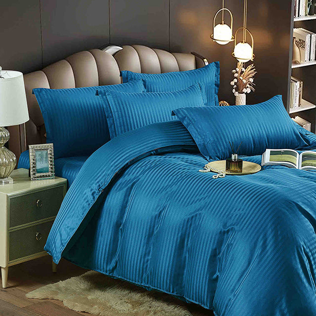 Едноцветно спално бельо - синьо с райе - F2-17