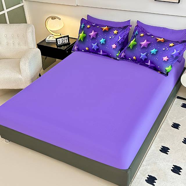 5D Спално бельо от 6 части с ластик - лилаво със звезди - F5D-33
