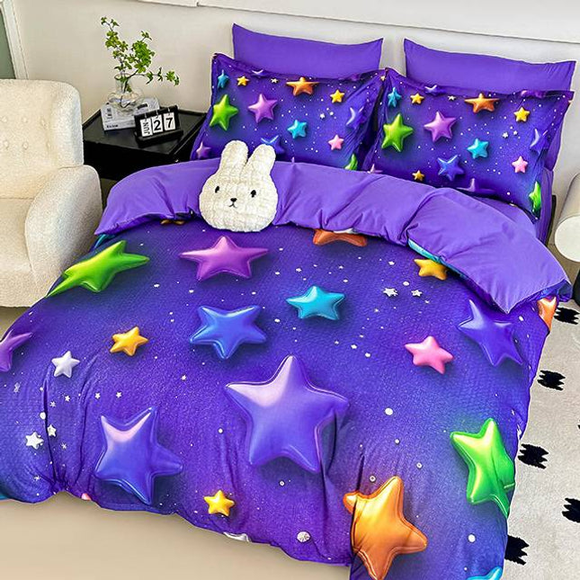 5D Спално бельо от 6 части с ластик - лилаво със звезди 