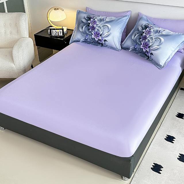 5D Спално бельо от 6 части с ластик - сиво и лилаво с нежни цветя - F5D-34