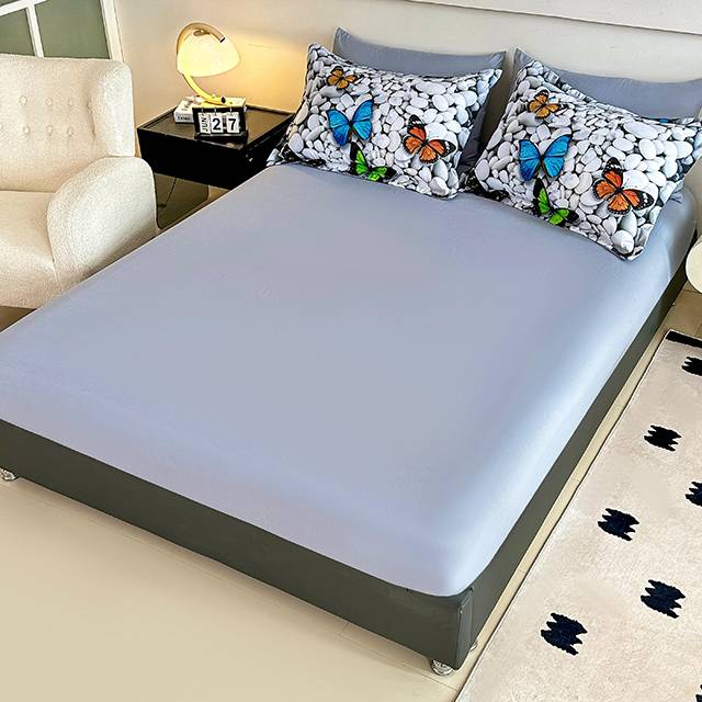 5D Спално бельо от 6 части с ластик - сиво с многоцветни пеперуди - F5D-35