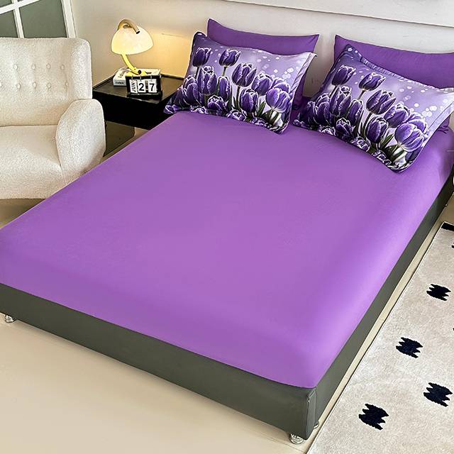 5D Спално бельо от 6 части с ластик - лилаво с лалета - F5D-36