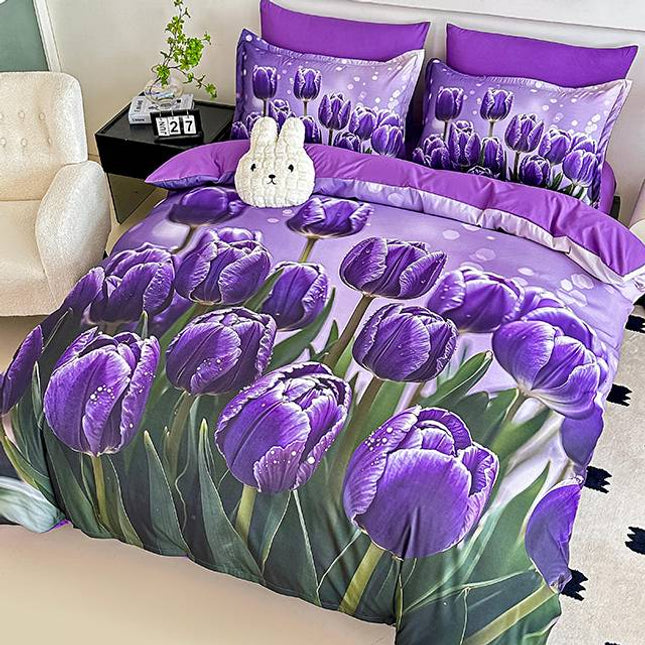 5D Спално бельо от 6 части с ластик - лилаво с лалета 