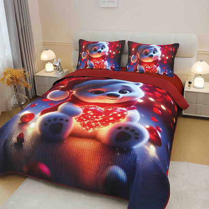 5D Коледна кувертюра от 3 части - синьо и тъмночервено с мече