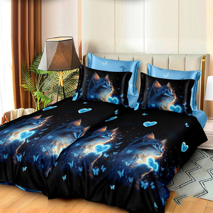 Спално бельо с 2 плика - тъмносиньо с котета, сърца и пеперуди 