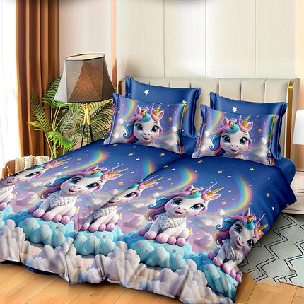 Спално бельо с 2 плика - синьо с еднорози